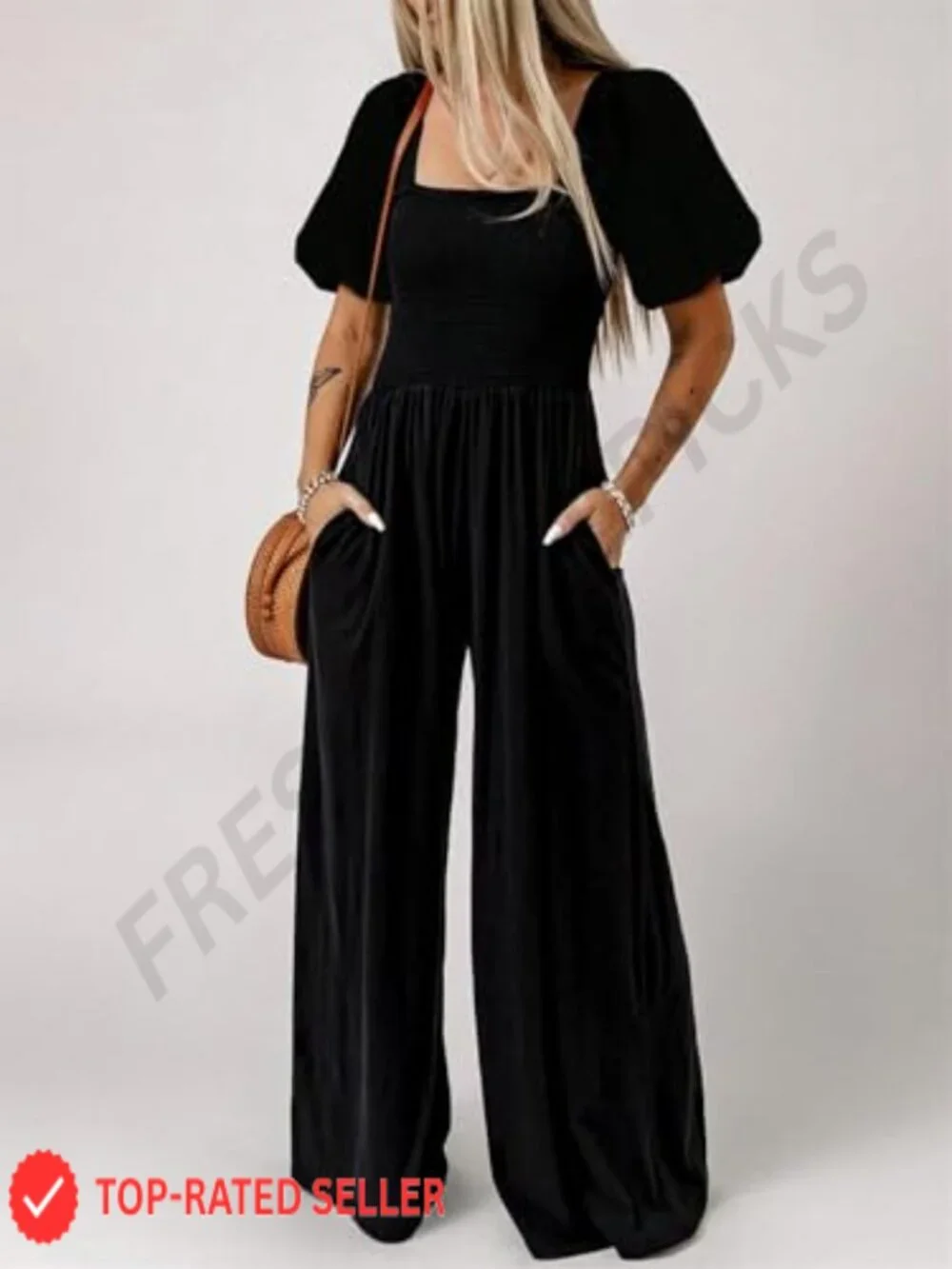 Wide Leg Jumpsuit with Pockets - Short Sleeve Casual Romper for Women